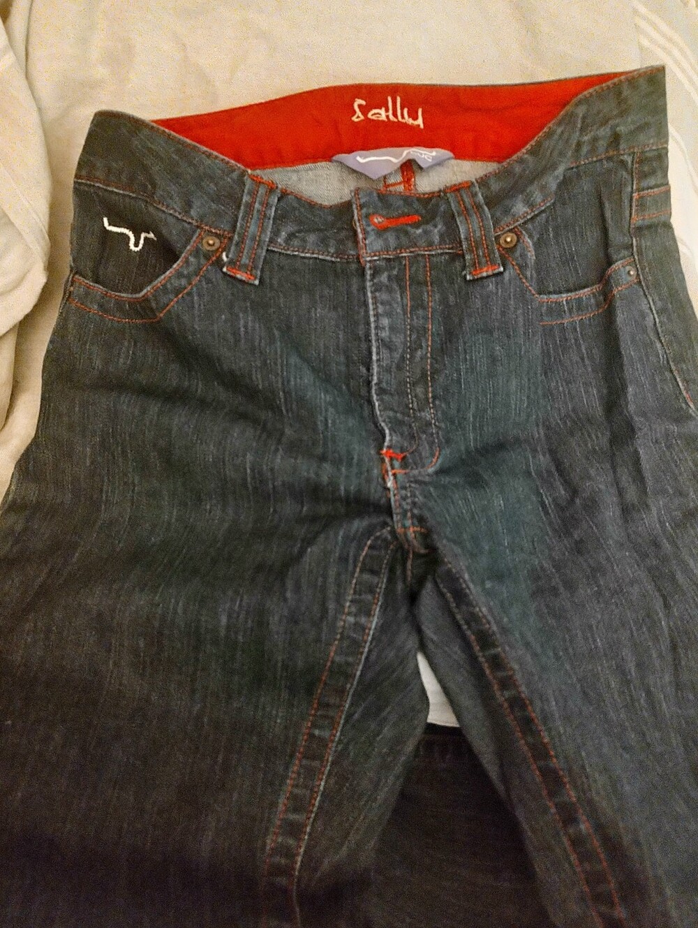 SALLY Women's Size 4 /34 Dark Wash Jeans with Red Stitching